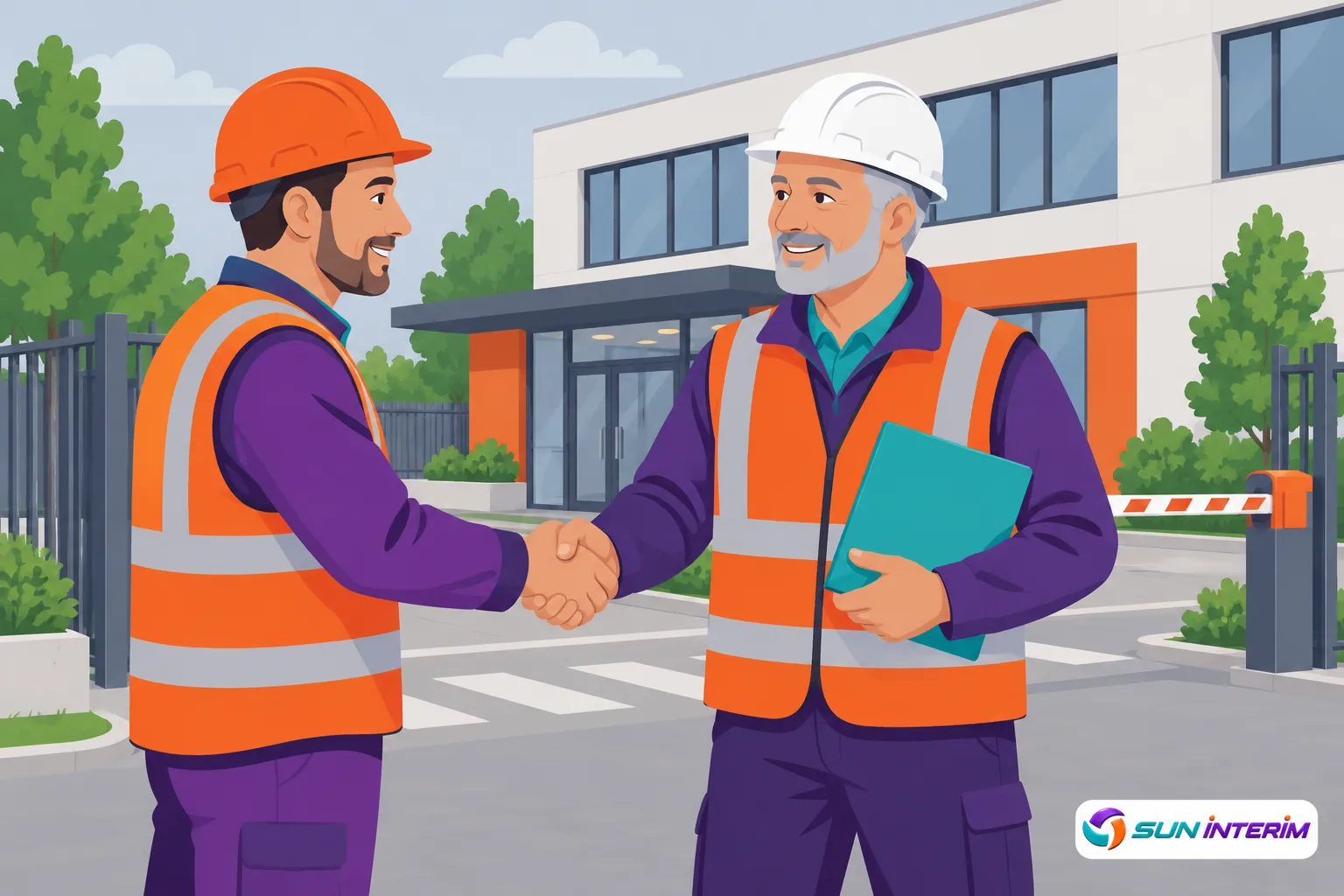 Deux travailleurs en gilet réfléchis se serrant la main devant une entrée d’entreprise moderne.