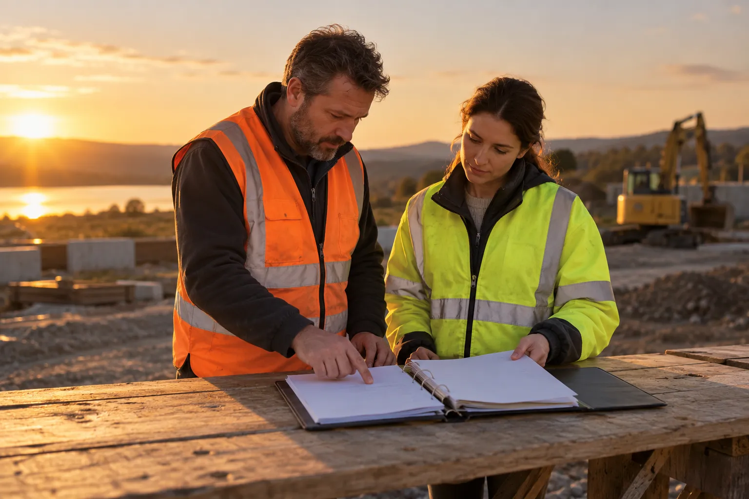 Deux travailleurs en gilets de sécurité consultent un dossier sur une table en bois sur un chantier au coucher du soleil.