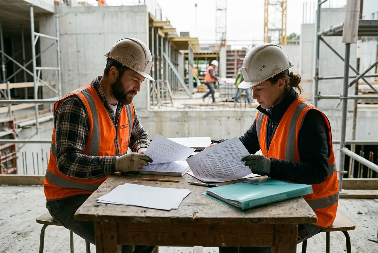 Deux travailleurs porteurs de gilets orange et casques blancs consultent des documents sur un chantier, discutant peut‑être des contrats; cadre lié à “différence intérim et détachement”.