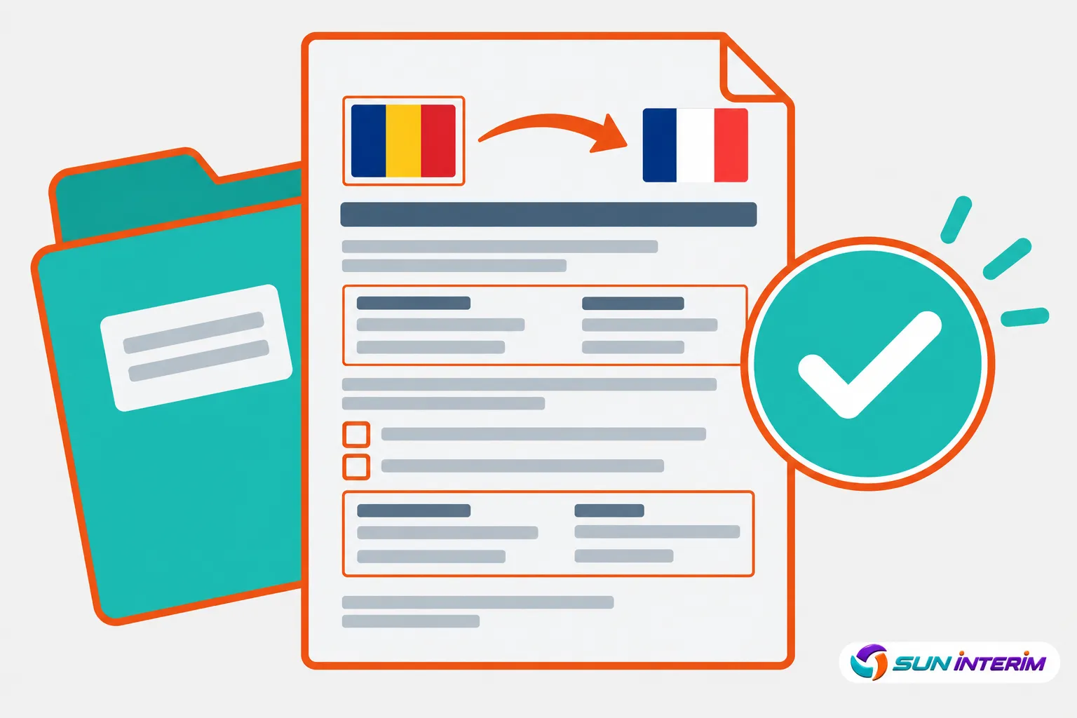Document administratif avec drapeau Roumanie et drapeau France à côté, et une coche verte sur le côté droit.