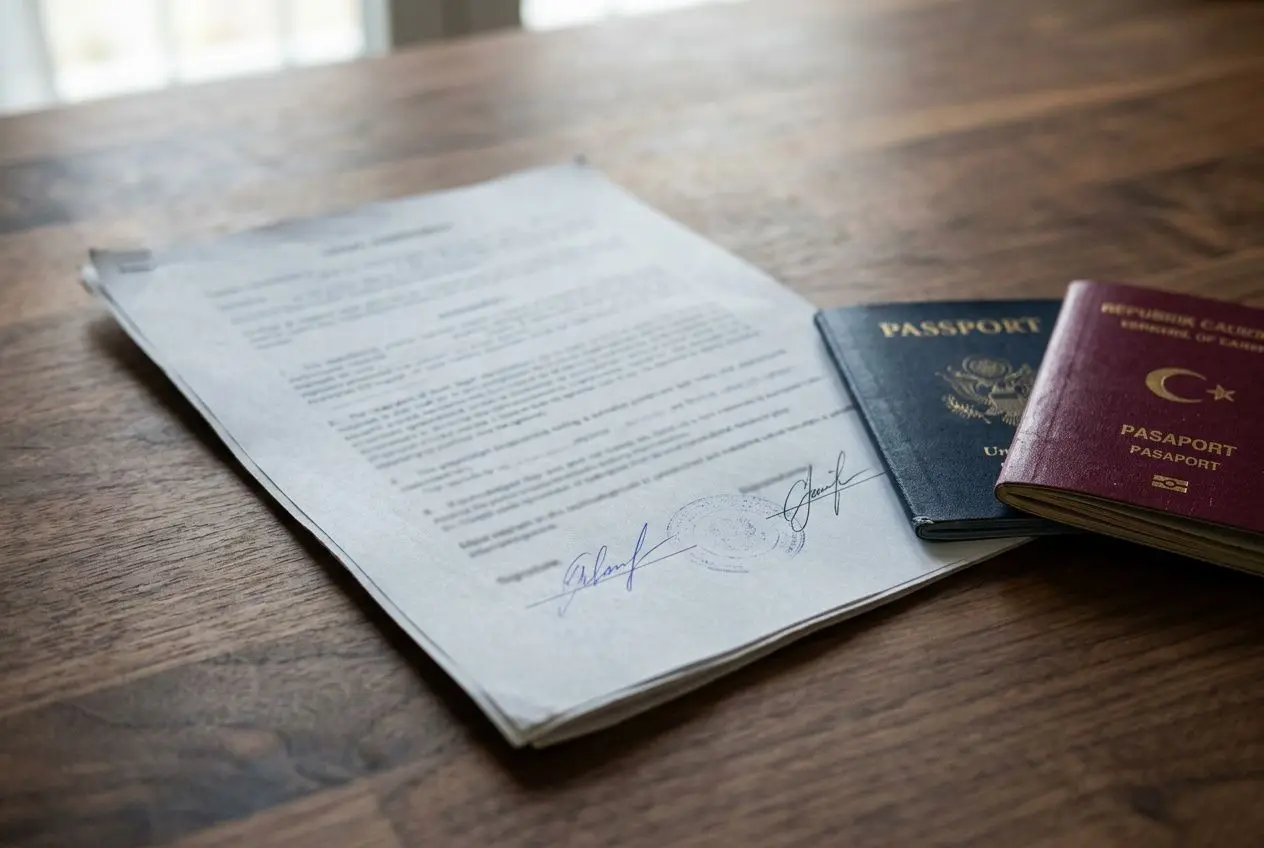 Documents et passeports sur une table: reconnaissance diplôme roumain en France en cours d’étude, avec formulaire signé et deux passeports à côté.