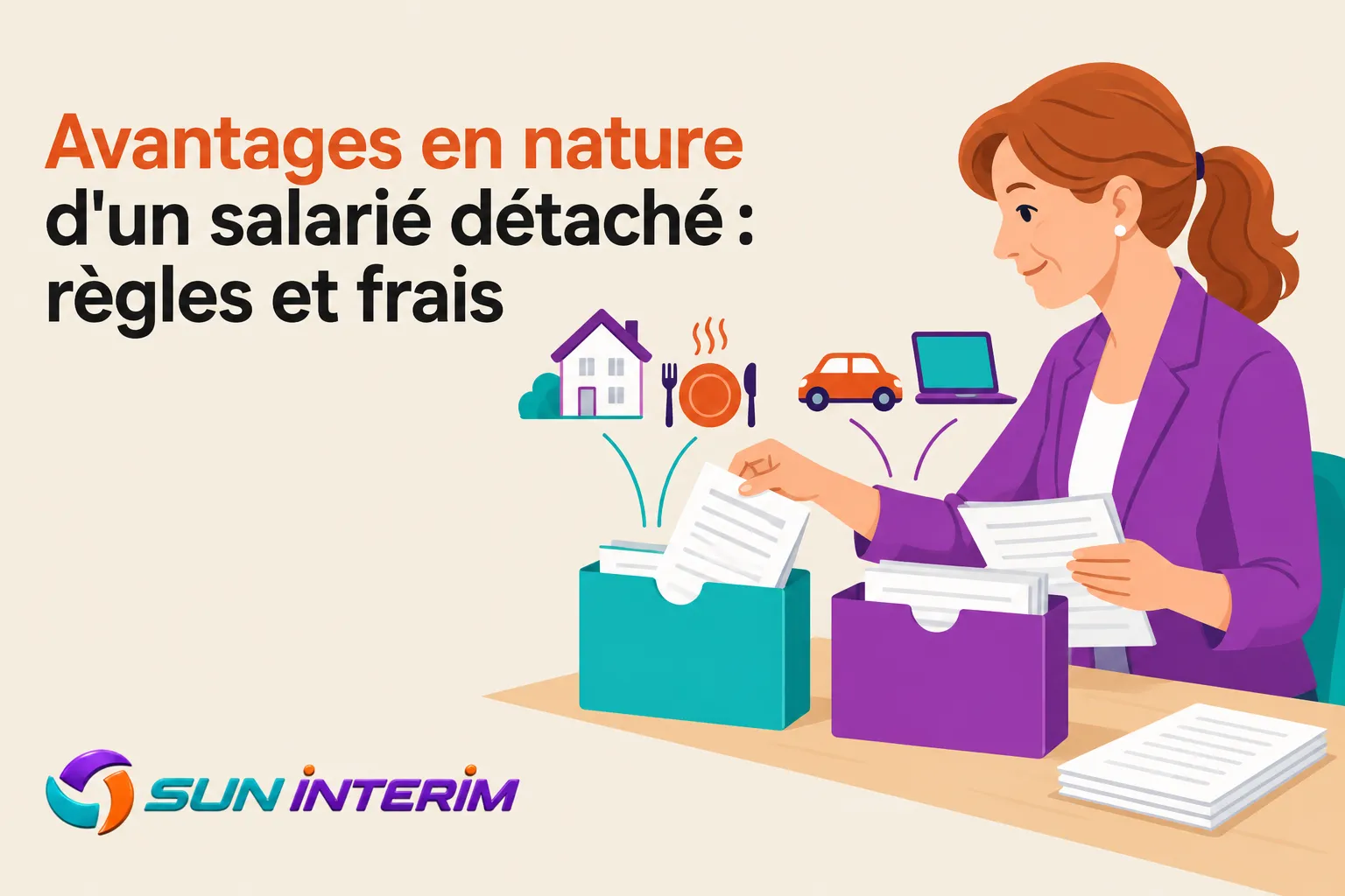 Une femme assise à un bureau organise des documents près de deux boîtes de rangement orange et violette.