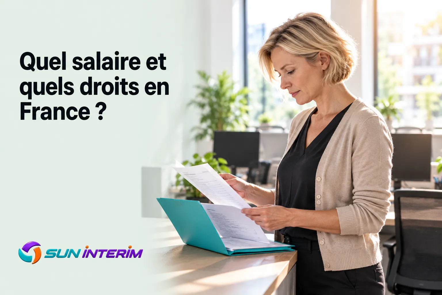 Une femme consulte des documents sur fond de bureau lumineux.
