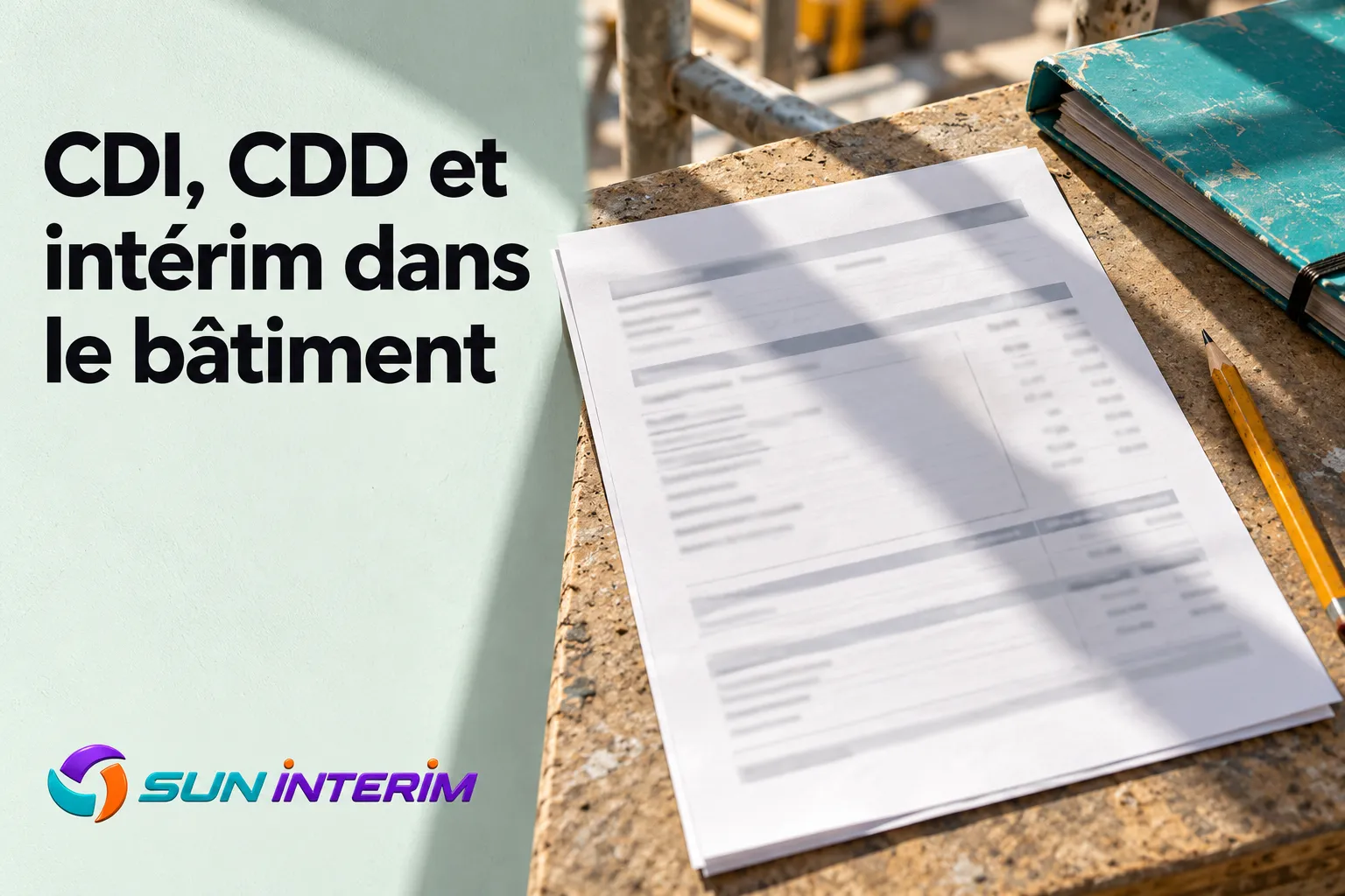 Une feuille de document, un crayon et un carnet sont posés sur une surface de chantier.