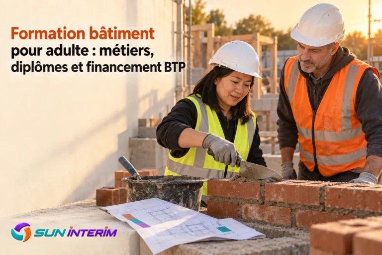 Formation bâtiment pour adulte : deux professionnels en chantier posant des briques et consultant des plans, encadrés par un encadrement sûr.