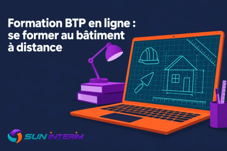 Formation BTP en ligne : se former au bâtiment à distance avec un ordinateur affichant un plan de construction sur l’écran.