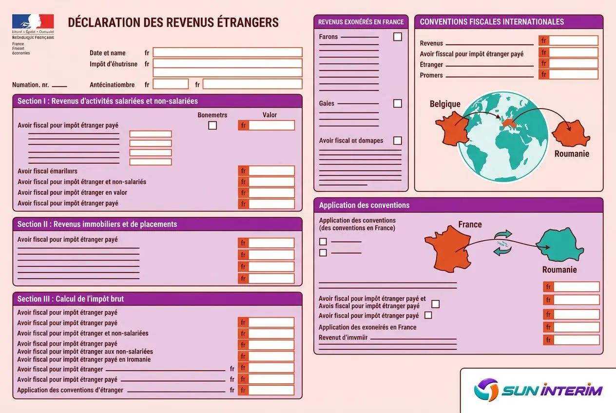 Formulaire de Déclaration des Revenus Étrangers pour salarié détaché à l'étranger impôts, avec sections et champs pour revenus et exonérations.