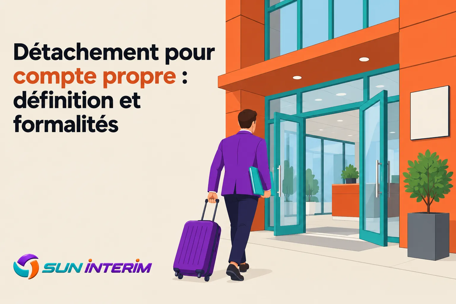 Un homme marchant vers l’entrée d’un bâtiment, train de valise violet à la main.
