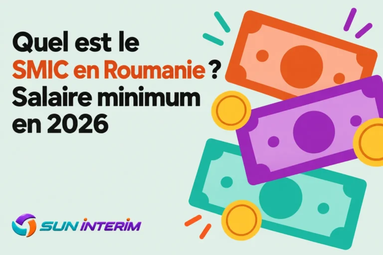 Illustration de billets colorés et de pièces autour d’un titre sur le SMIC en Roumanie en 2026.