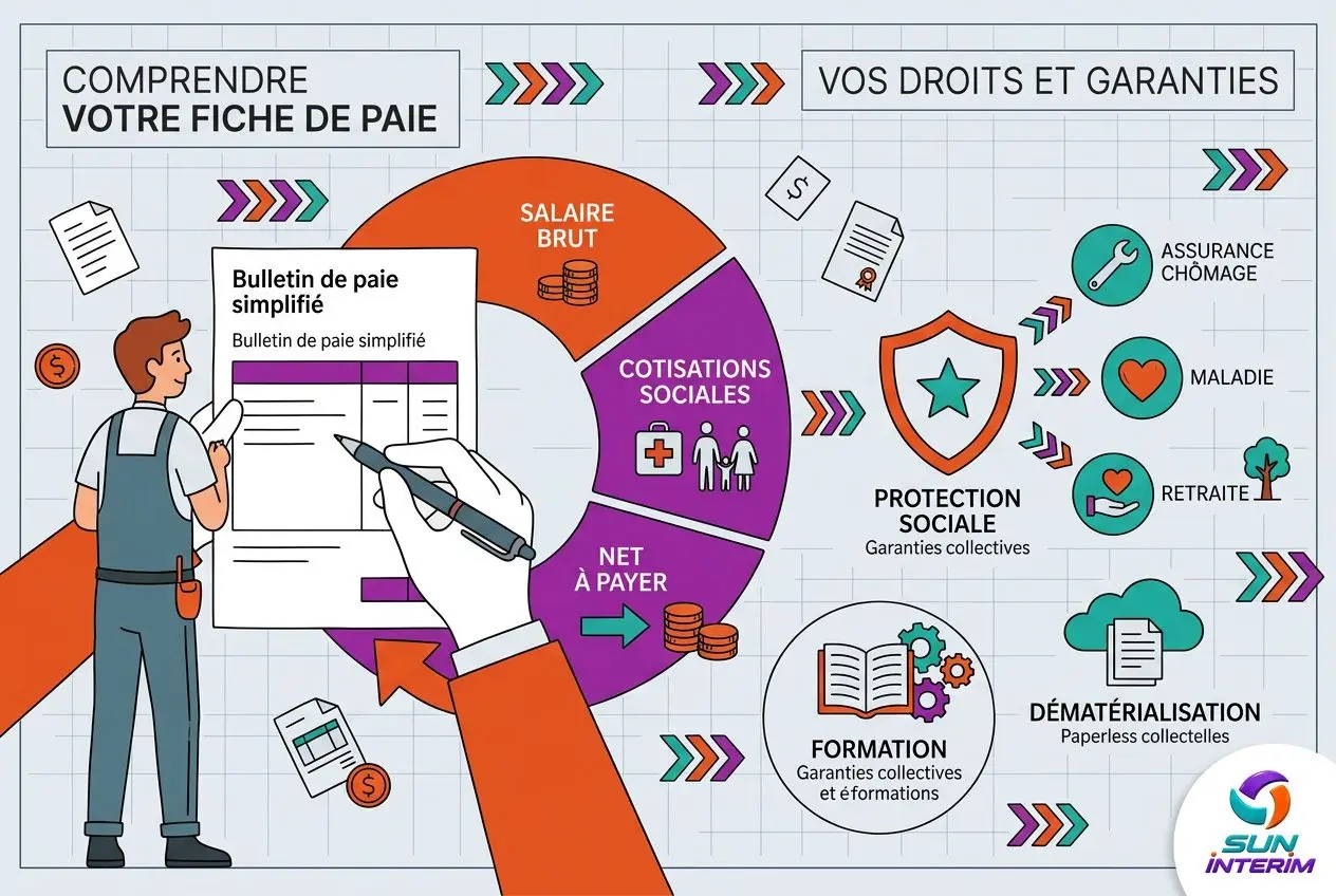 Illustration informatif sur la fiche de paie et les droits du travailleur: chef-d'œuvre graphique présentant le salaire brut, cotisations sociales, net à payer et formation, avec l’employeur et les garanties. Différence intérim et détachement expliquée implicitement dans le contexte droits et garanties du travailleur.