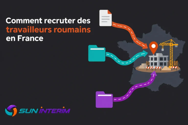 Une illustration montrant des dossiers colorés reliés par des flèches menant vers un site de construction en France avec une