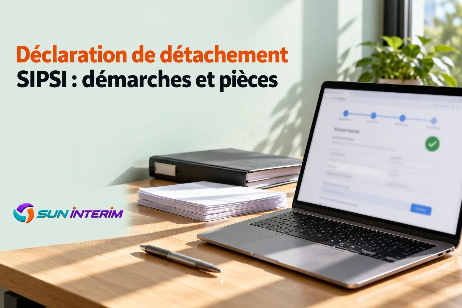 Une image montrant un ordinateur portable ouvert sur un bureau avec des documents et un stylo, et le logo Sun Interim en bas