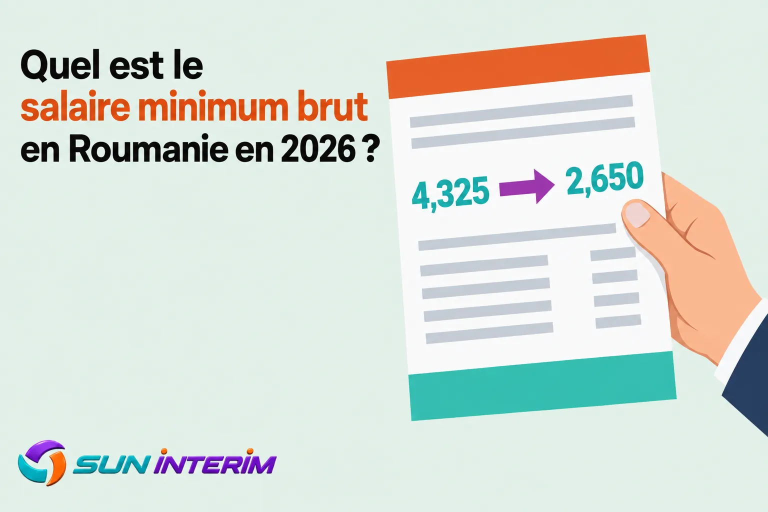 Infographie montrant une main tenant un document avec les chiffres 4 325 et 2 650 et le texte « Quel est le salaire minimum