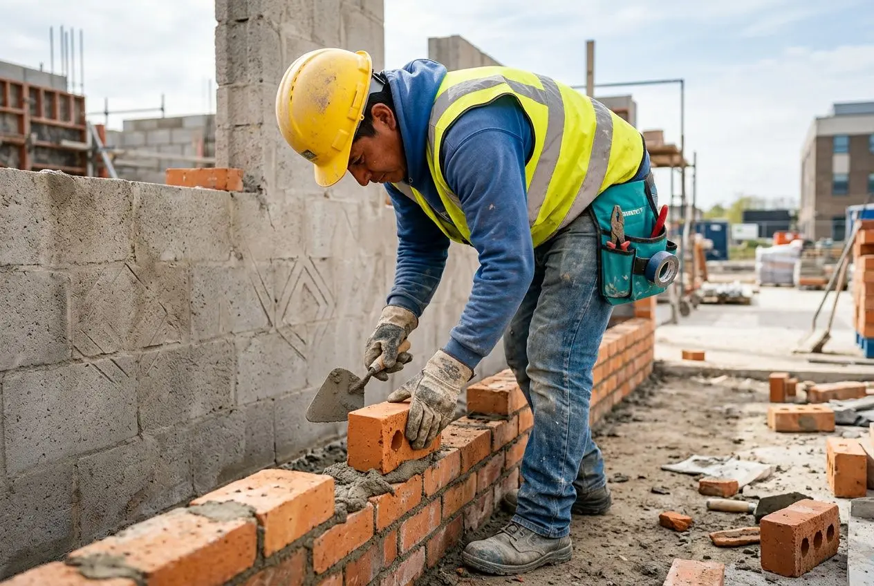 Ouverture d’un mur en briques sur un chantier: ouvrier en casque jaune et gilet réfléchissant pose les briques à la main. Métier btp sans diplôme.