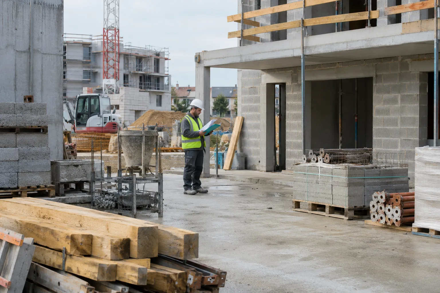 Un ouvrier portant un casque et un gilet de sécurité examine des plans sur un chantier de construction.