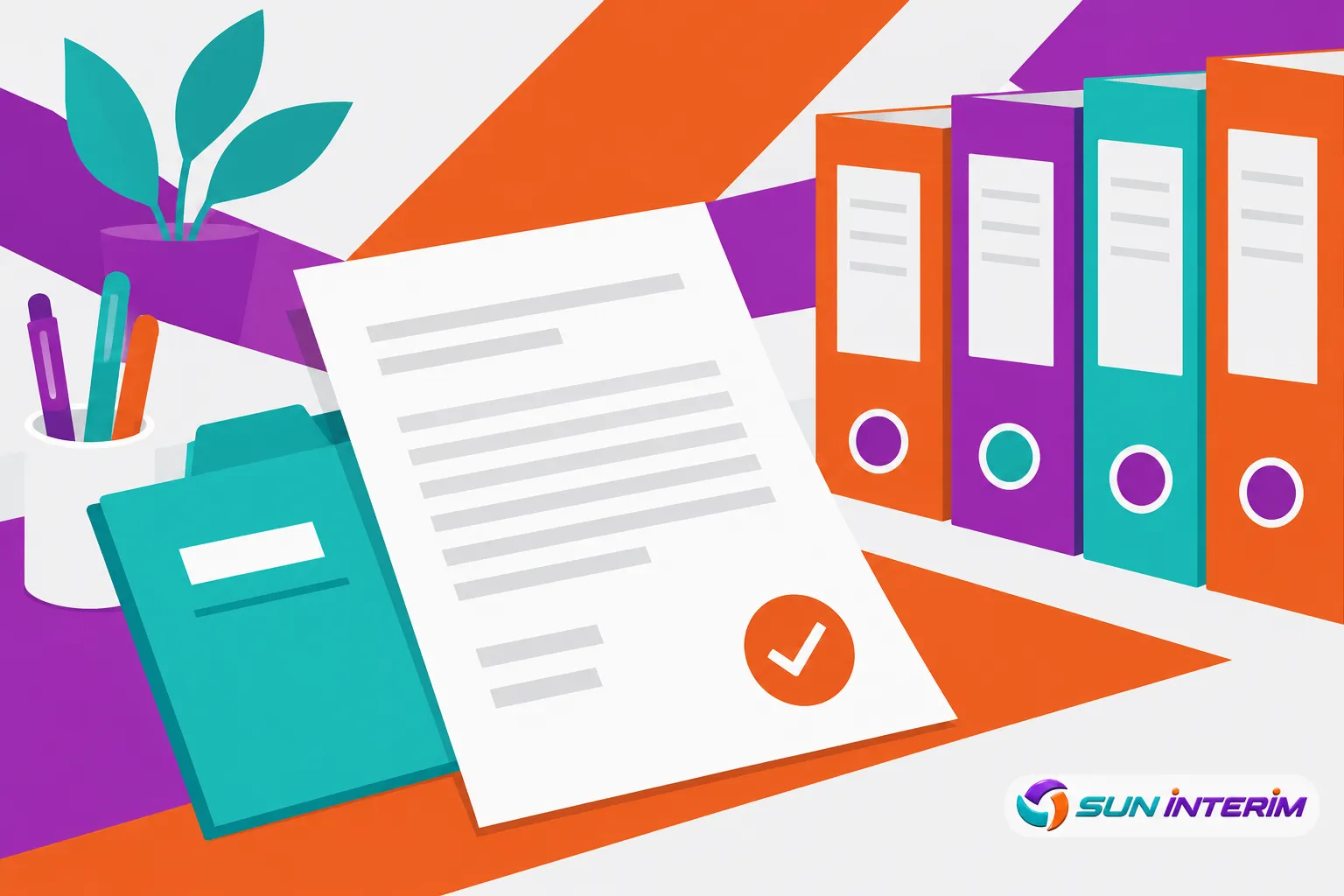Une page de documents et dossiers colorés disposés sur un bureau avec une feuille blanche et un tic orange, symbole de