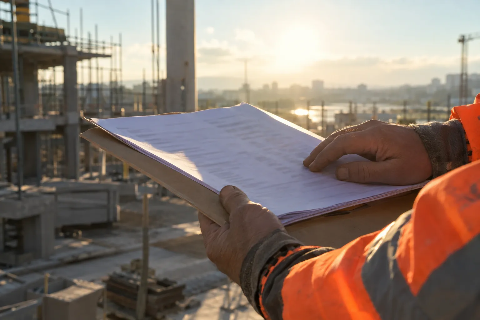 Une personne porteuse d’un dossier ou plan sur un chantier de construction.
