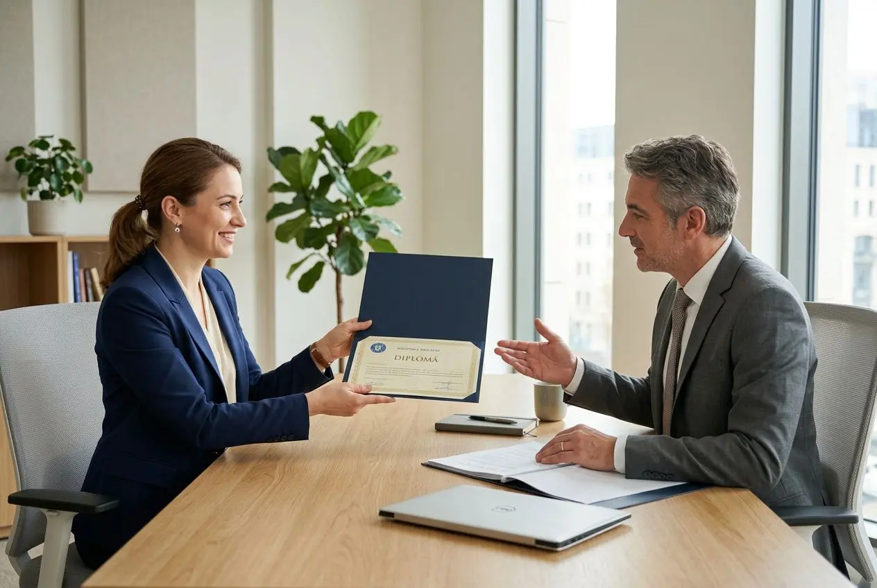 Personne remettant un diplôme à une autre lors d’un entretien professionnel, près d’un dossier et d’un ordinateur sur une table. Altifiant sur l’aptitude à la reconnaissance diplôme roumain en france.
