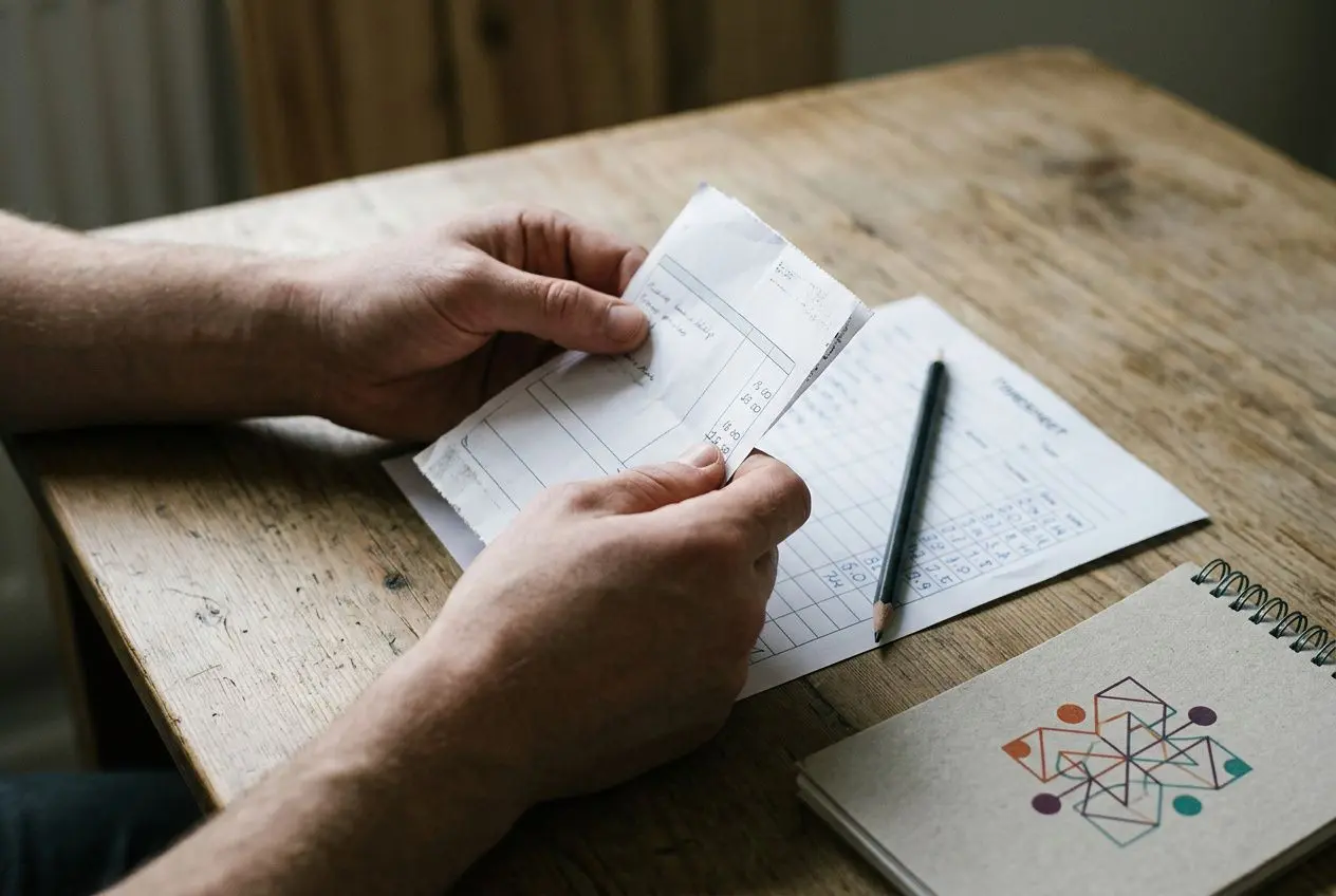 Personne tenant des feuilles de paie et un carnet de notes sur un bureau en bois, discutant possiblement de salaire en intérim et des calculs de rémunération. contrat intérim salaire est évoqué indirectement.