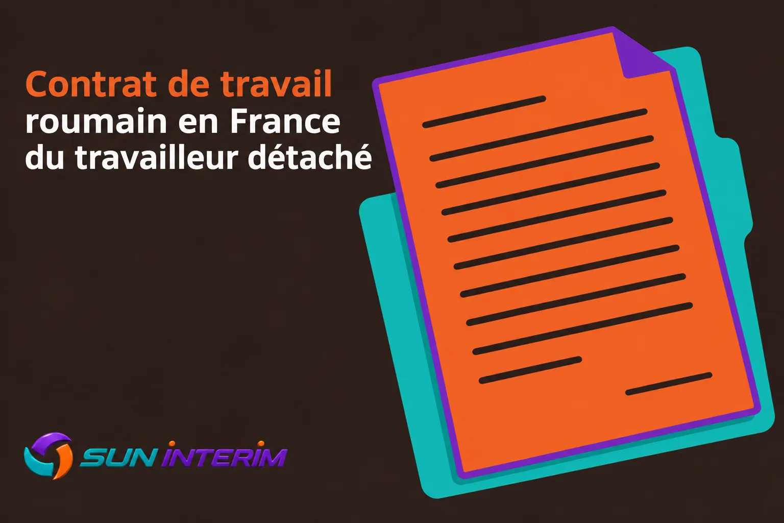 Photographie d’un document orange posé sur un fond sombre, accompagné du logo Sun Interim en bas à gauche.
