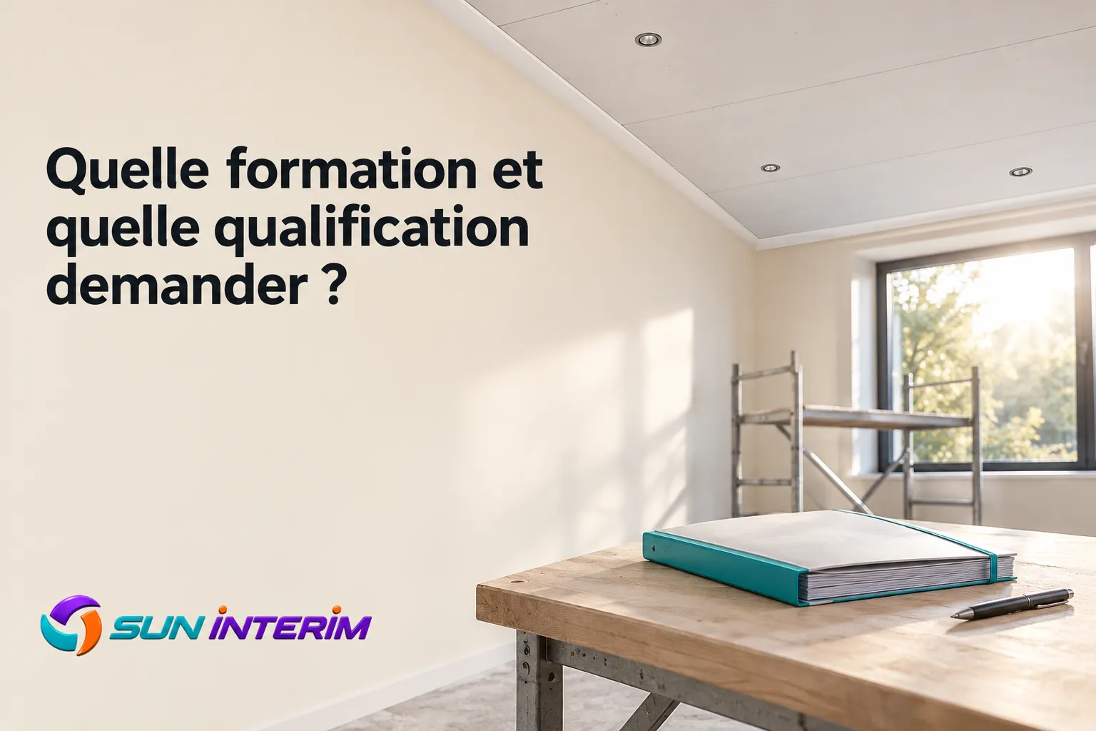 Une pièce en rénovation avec un bureau en bois, un classeur et un carnet posé dessus.