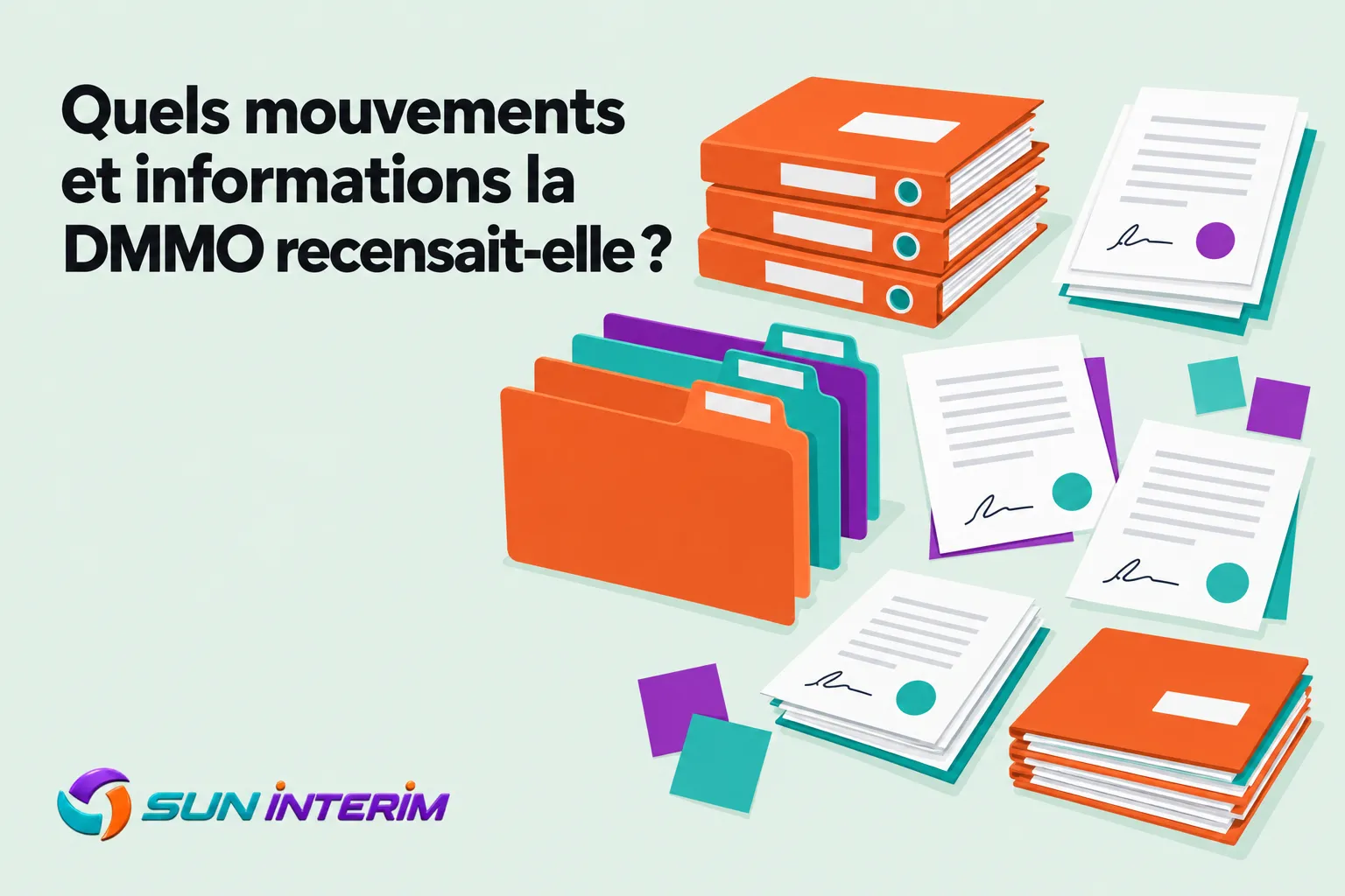 Des pile de dossiers oranges et de documents blancs empilés et épars sur un fond clair.