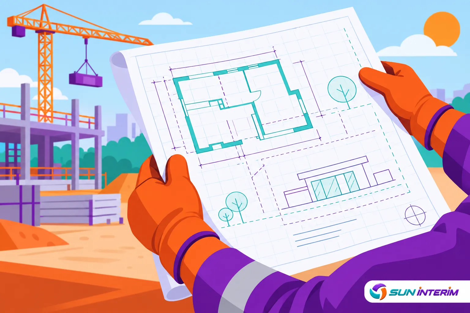 Plan d’architecte sur fond de chantier; ouvriers en gants regardant les plans, grue et bâtiment en construction. Formation bâtiment pour adulte en contexte BTP.