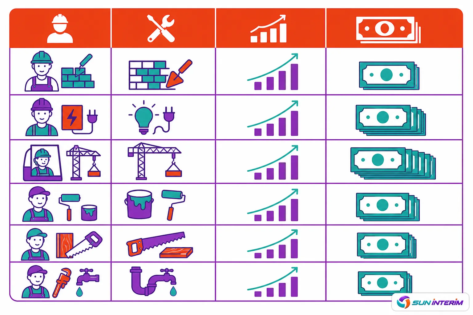 Tableau illustrant les métiers du BTP et leurs évolutions, avec icônes de ouvriers, outils, finances et progression des salaires.