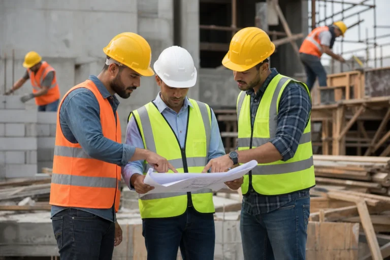 Trois ouvriers en gilets réfléchissants et casques de sécurité analysent des plans sur un chantier de BTP en construction.