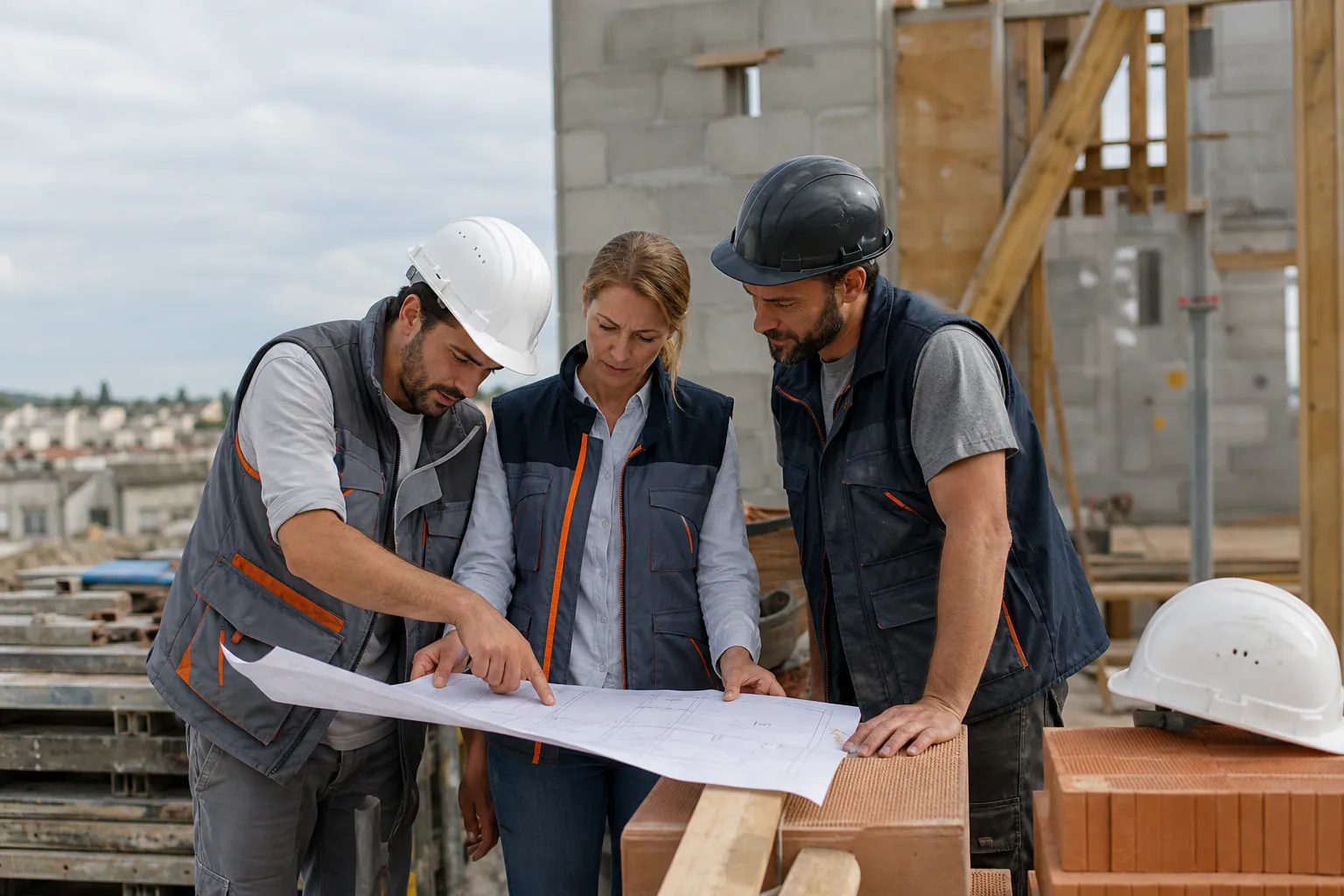 Trois professionnels du BTP sur un chantier consultent des plans, discussion autour des tâches et de l’avancement du bâtiment. métier btp salaire intégré de façon naturelle.