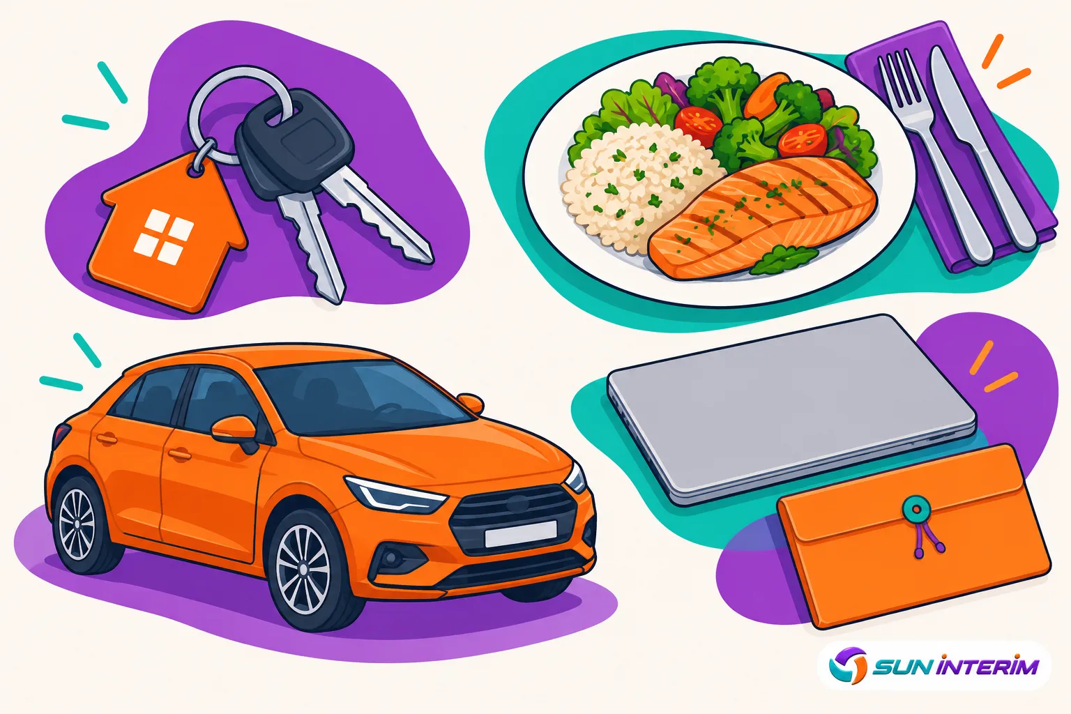 Voiture orange, repas équilibré et accessoires de travail disposés côte à côte sur des plaques colorées.